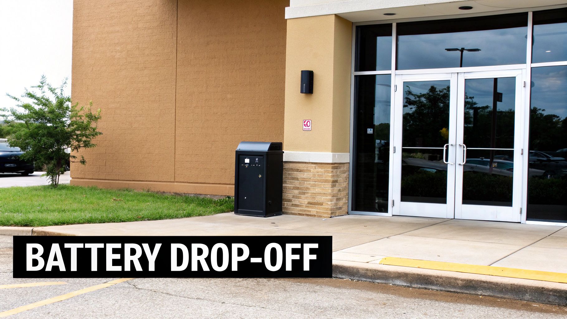 Black battery drop-off collection bin placed outside commercial building entrance for recycling