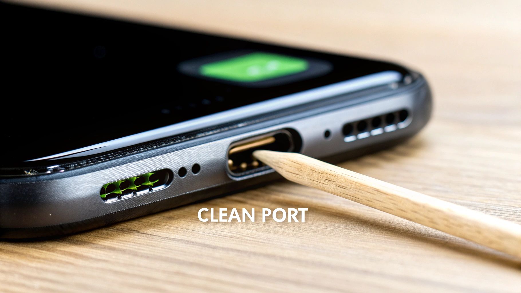A wooden tool cleaning the charging port of a black smartphone on a wooden surface.