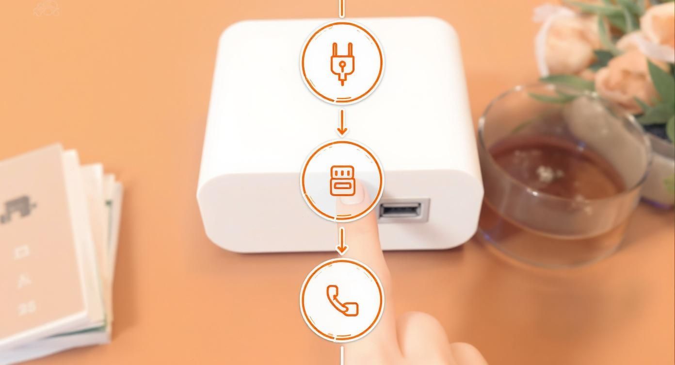 Process of connecting a USB cable to a white charger with icons for plug, port, and phone.